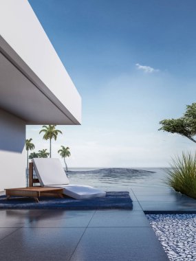 Mimari 3D, güneşlenme yatağı ve deniz manzaralı en az modern villanın resimlerini çiziyor. 