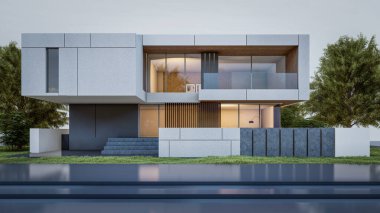 Mimari 3D, doğal manzaralı minimal modern evin tasviri 