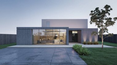 Mimari 3D, doğal manzaralı minimal modern evin tasviri 