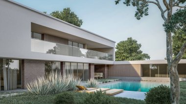 Mimari 3D, doğal manzaralı minimal modern evin tasviri 