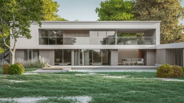 Mimari 3D, doğal manzaralı minimal modern evin tasviri 