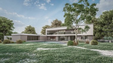 Mimari 3D, doğal manzaralı minimal modern evin tasviri 