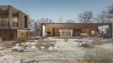Mimari 3D, doğal manzaralı minimal modern evin tasviri 