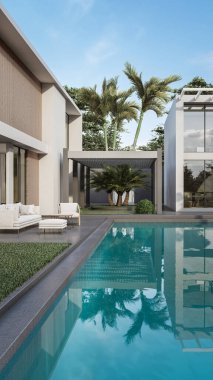 Mimari 3D, doğal manzaralı minimal modern evin tasviri 