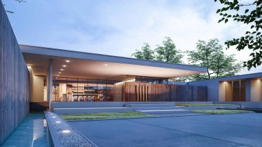 Mimari 3D, doğal manzaralı minimal modern evin tasviri 