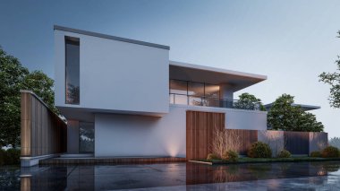 Mimari 3D, doğal manzaralı minimal modern evin tasviri 