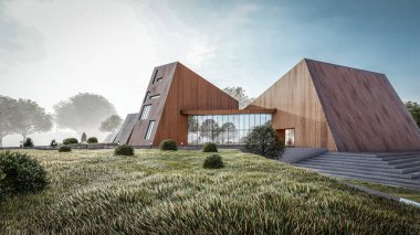 Mimari 3D, doğal manzaralı minimal modern evin tasviri 