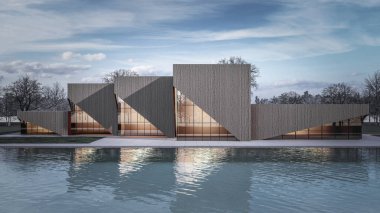 Mimari 3D, doğal manzaralı minimal modern evin tasviri 