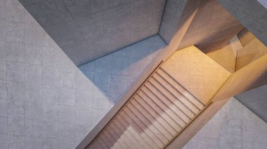 Mimari 3D resimleme, iç merdiveni olan minimal modern evin üst görüntüsü 