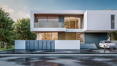 Mimari 3D, doğal manzaralı minimal modern evin tasviri