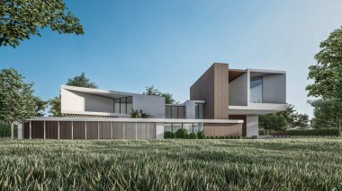 Mimari 3D, doğal manzaralı minimal modern evin tasviri