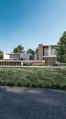 Mimari 3D, doğal manzaralı minimal modern evin tasviri