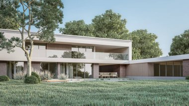 Mimari 3D, doğal manzaralı minimal modern evin tasviri