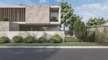 Mimari 3D, doğal manzaralı minimal modern evin tasviri