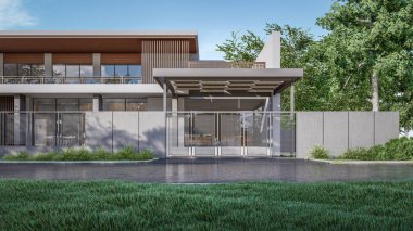 Mimari 3D, doğal manzaralı minimal modern evin tasviri