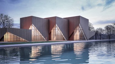 Mimari 3D, doğal manzaralı minimal modern evin tasviri