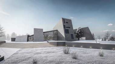 Mimari 3D, doğal manzaralı minimal modern evin tasviri