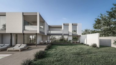Mimari 3D, doğal manzaralı minimal modern evin tasviri
