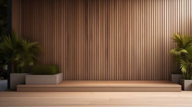 Önünde saksı bitkileri olan 3 boyutlu ahşap bir duvar.. 