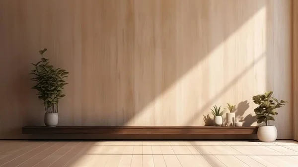 3D rendering of a living room with potted plants. The room is empty and has a lot of natural light.