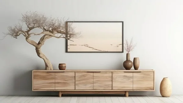 3D rendering of a wooden dresser with a tree and vases on it.