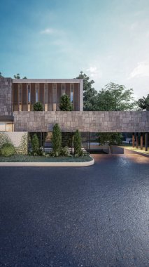 Modern evin doğal manzaralı 3d dikey çizimi.