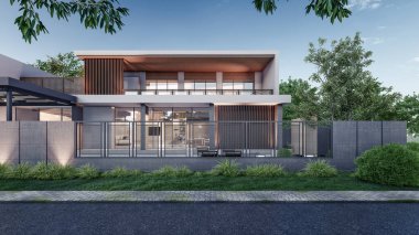 Modern evin doğal manzaralı 3D çizimi.