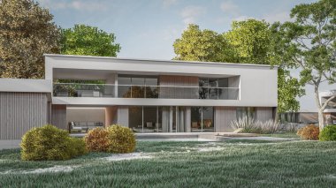 Modern evin doğal manzaralı 3D çizimi.