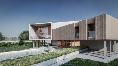 Modern evin doğal manzaralı 3D çizimi.