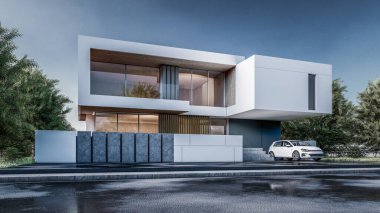 Modern evin doğal manzaralı 3D çizimi.