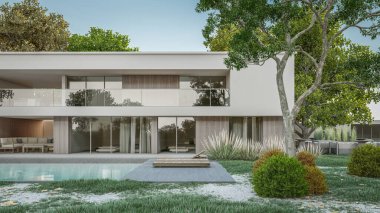 Modern evin yüzme havuzlu 3D çizimi.