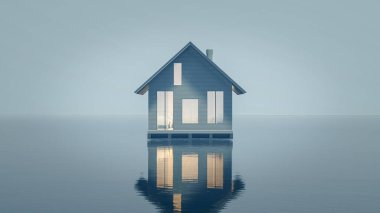 Suyun yansımasında duran tek bir çağdaş ev..