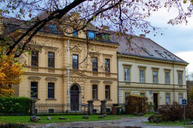 Leoben, Styria, Avusturya - 11.04.2022: Yağmurdan sonra Central Park yakınlarında iki küçük vintage ev