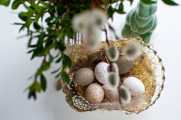 Easter Eggs Easter Bunny Willow Boxwood Branches — Stock Photo, Image
