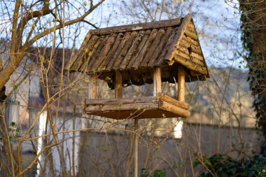 Tahta kuş besleme evi manzarası. Kışın vahşi kuşlar ve hayvanlar için beslenme alanı.