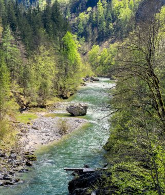 Alp dağları arasında akan küçük bir dağ nehrinin asma köprüsünden bak..