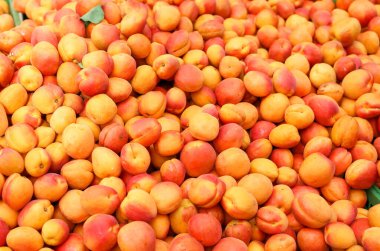 Çiftçi pazarında satılık taze olgun portakal kayısılarının çeşitli manzarası..