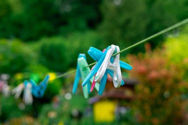 Çok renkli mandallar bahçede bir ipte asılı duruyor. Dışarıda ipe asılı renkli mandallar. Çamaşır yıkama ve kurutma.