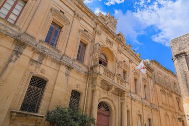 View street of Mdina, a fortified medieval town enclosed in bastions, located on a large hill in the centre of Malta. 