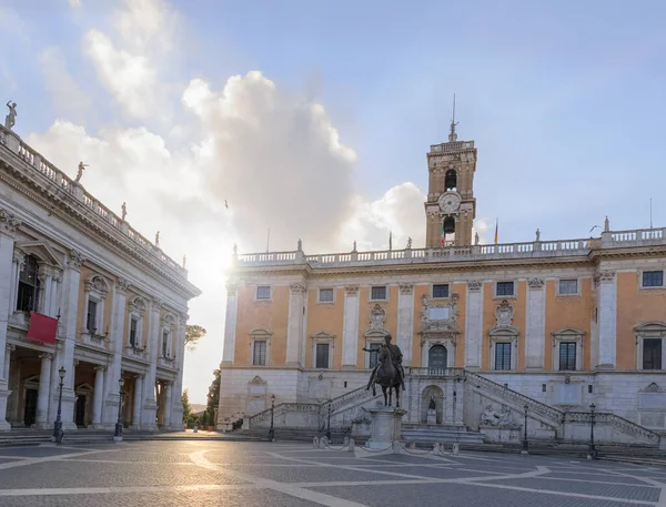 stock image Capitoline Hill in Rome, Italy: on background Statue of Roman Emperor Marcus Aurelius on horseback in front of the Palazzo Senatorio.