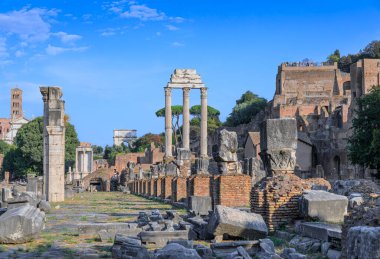Roma Forumu, İtalya: Basilica Julia 'nın kalıntıları ön planda.