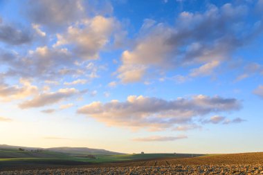 İtalya 'nın Apulia şehrinde gün batımında sürülmüş topraklarla kaplı tepe manzarası.