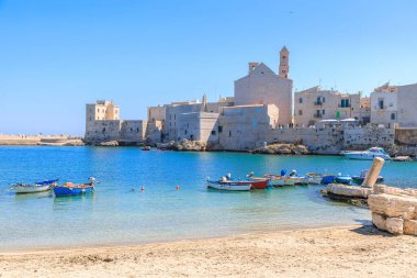 İtalya 'nın Apulia kentindeki Giovinazzo eski kenti: Santa Maria Assunta Katedrali ile resiften liman manzarası.