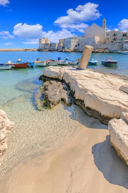İtalya 'nın güneyindeki Apulia' daki Giovinazzo kasabası: resifli kumsaldan tarihi merkeze bakış.