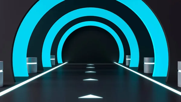 Futuristic sci-fi technology with blue glowing neon lights hallway and corridor tunnel road with copy space for mockup, 3d rendering