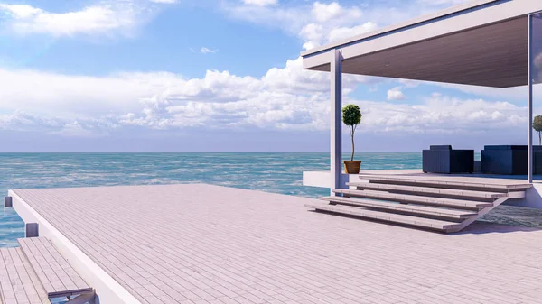 Outdoor seaside wooden balcony deck and beautiful sea view, 3d rendering