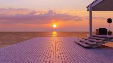 Açık deniz kenarı ahşap balkon güvertesi ve gün batımında güzel deniz manzarası, 3D görüntüsü.