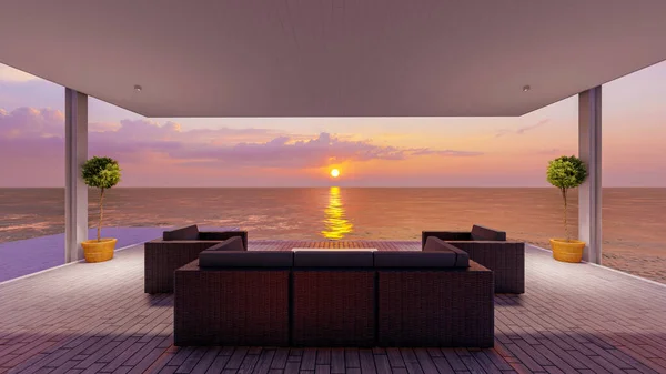 Deniz Kenarındaki Ahşap Balkon Güvertesi Kanepe Mobilyaları Gün Batımında Güzel — Stok fotoğraf