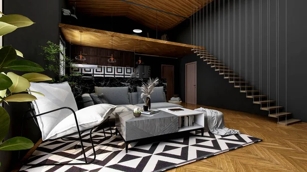 Moderní Podkrovní Obývací Pokoj Interiér Tmavě Šedou Stěnou Dřevěnou Podlahou — Stock fotografie