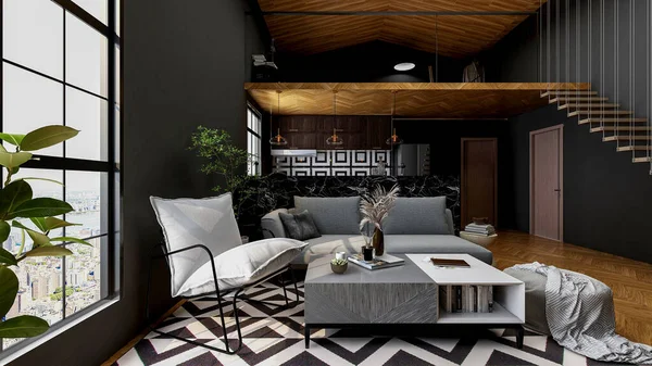 ダークグレーの壁と木製の床 3Dレンダリングとモダンなロフトリビングルームのインテリア — ストック写真